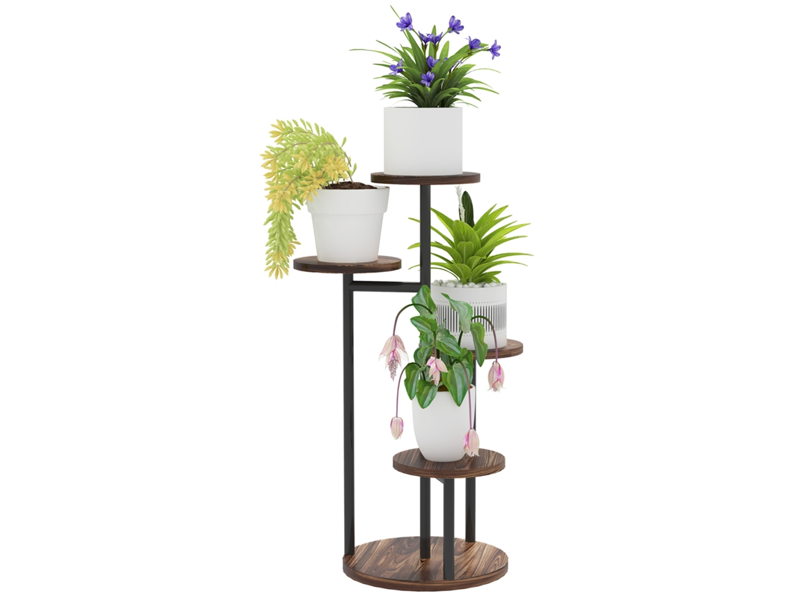 Soporte para plantas de madera y acero con 5 niveles y estantes redondos, 43x43x70 cm, acabado carbonizado.