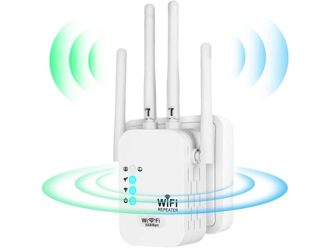 Repetidor WiFi, potente amplificador de señal WiFi, 4 antenas, 2 puertos LAN, extensor WiFi para casa y oficina, cobertura de hasta 300 m², Yizhood