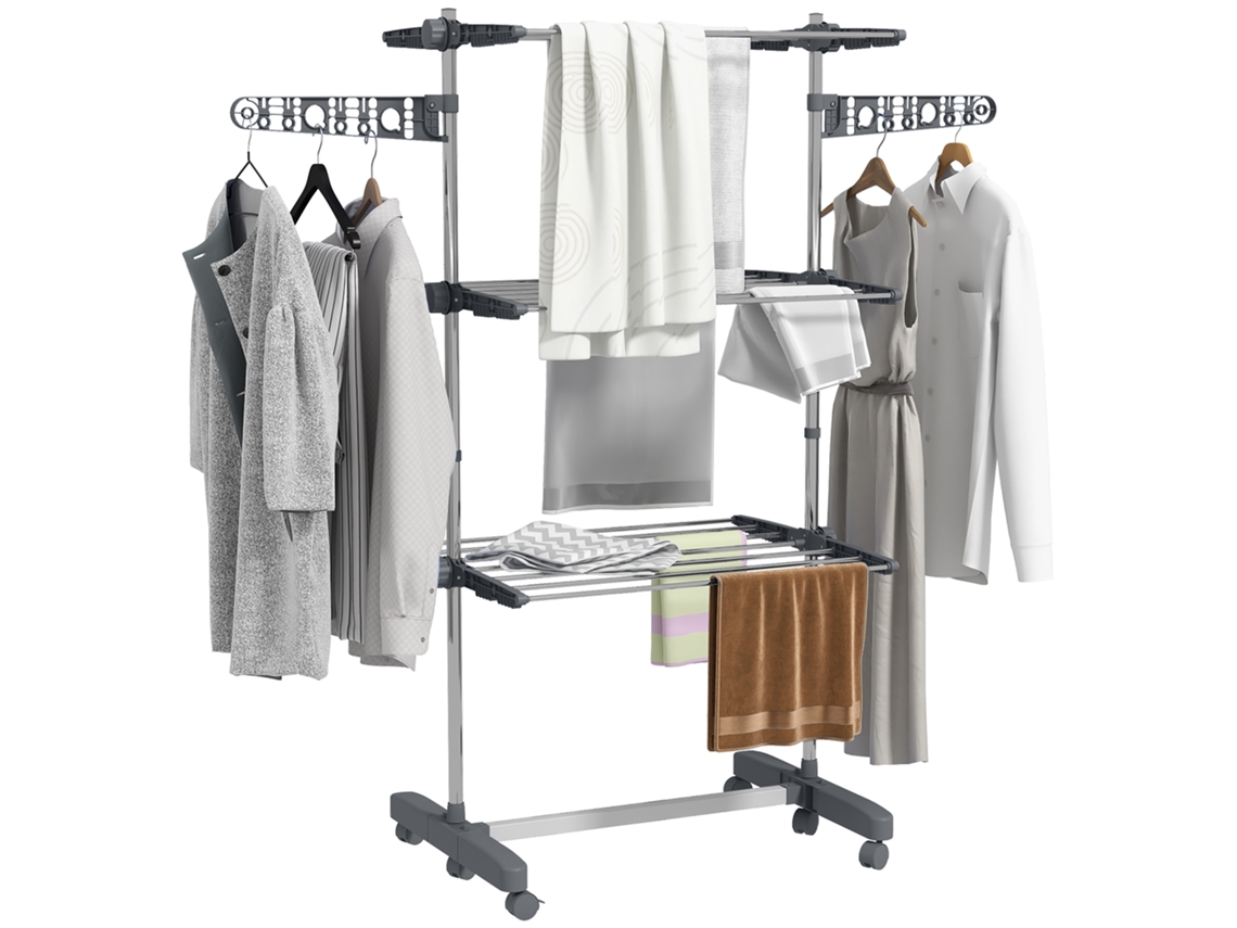 Tendedero plegable extensible con asas laterales para uso interior y exterior, 3 niveles, 142 x 55 x 152 cm, gris