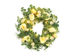 Corona de camelia y eucalipto con luces para decoración (pilas AA no incluidas)