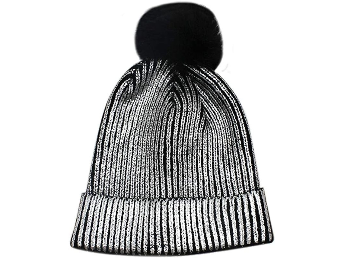 Gorro De Invierno Plateado Para Mujeres Y Niñas, De Tejido Suave Y Cálido Con Elástico Y Pompón.