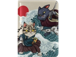 Portapasaportes japonés de piel auténtica con ligero estampado de gatitos