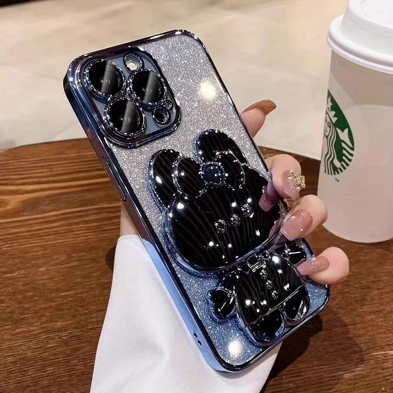 (para Iphone 12 Pro Max Azul) Fundas De Espejo De Conejo De Galvanoplastia Degradada Con Soporte. Material Tpu Suave