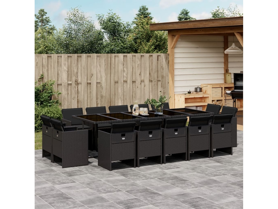 Juego de comedor de jardín de 15 piezas con cojines en mimbre sintético negro de DKD Home Decor
