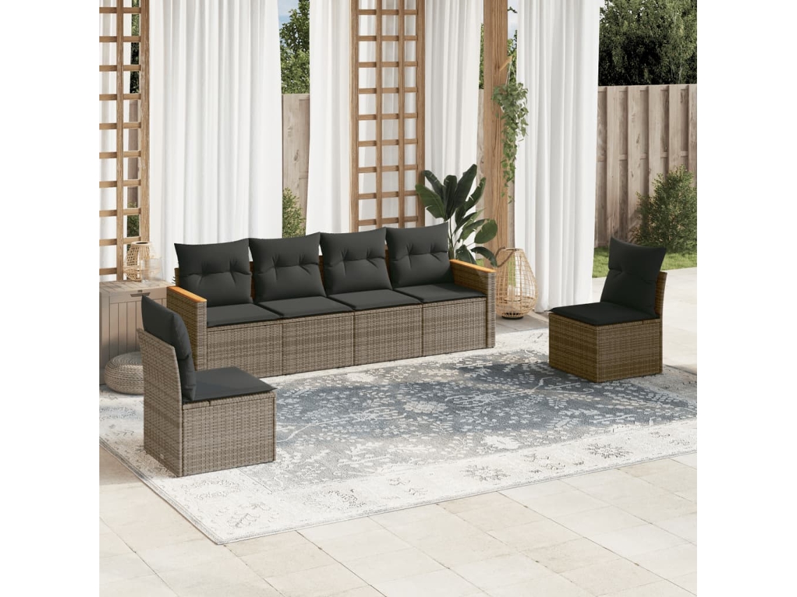 Conjunto de sofá de jardín de 6 piezas con cojines de mimbre gris, Dkd Home Decor