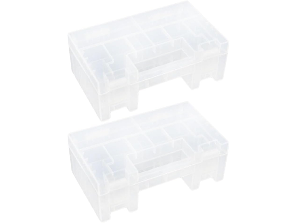 Organizador de baterías de 2 piezas con múltiples compartimentos y tapa.