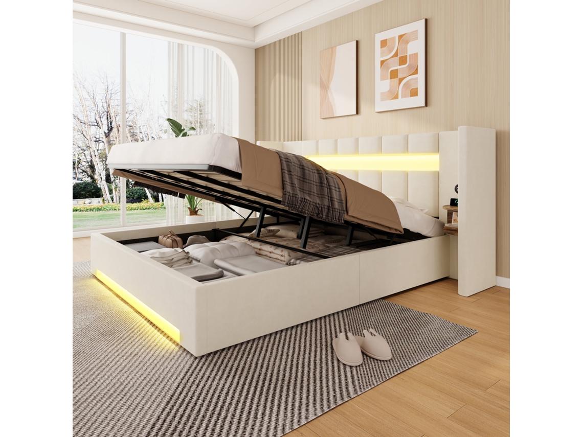 Cama multifuncional 180x200 cm - cabecero ancho, 2 USB, armario integrado, luz LED, sistema hidráulico, almacenaje bajo cama, TNT - beige