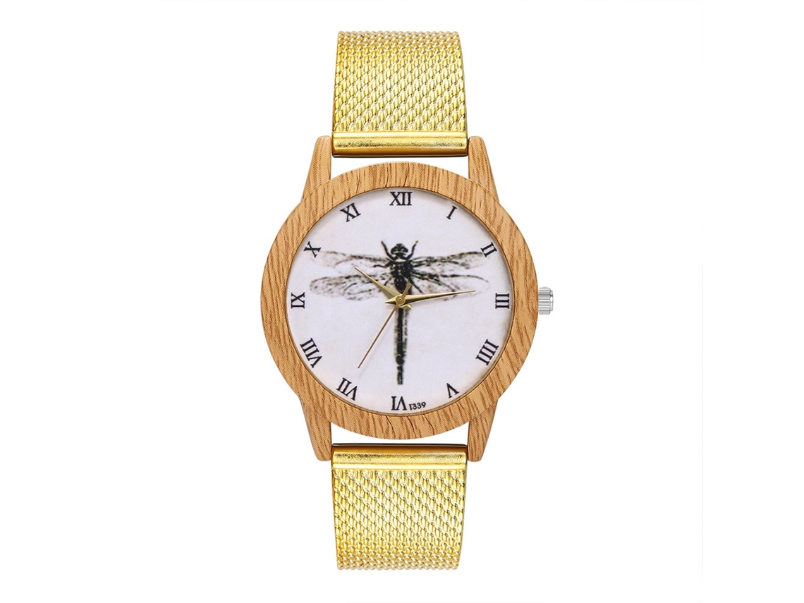 Reloj De Pulsera De Malla Delicada Con Patrón De Libélula Para Mujer Oro Cuarzo