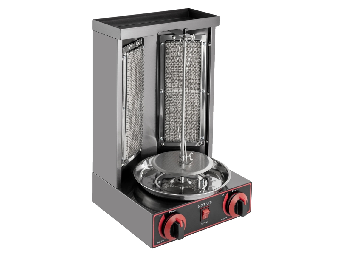 Parrilla de gas vertical, 2 quemadores, funcionamiento mecánico, color negro.