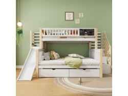 Cama Casa 140x200cm Y 90x200cm - Con Escalera, Armarios, Tobogán Y Pizarra - Blanco Y Natural