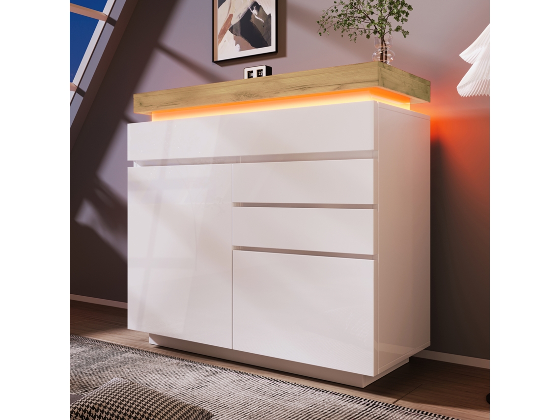 Cómoda Led Con Brillo Ajustable Mediante Aplicación, 2 Puertas, 3 Cajones, Blanca, 115x110x39cm