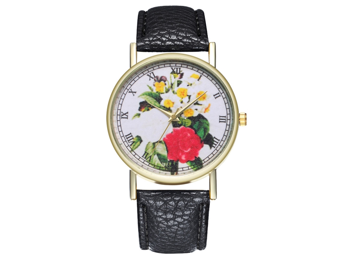 Reloj De Pulsera Zhoulianfa Para Mujer, Estampado Floral, Piel Sintética, Cuarzo, Esfera Redonda, Negro.