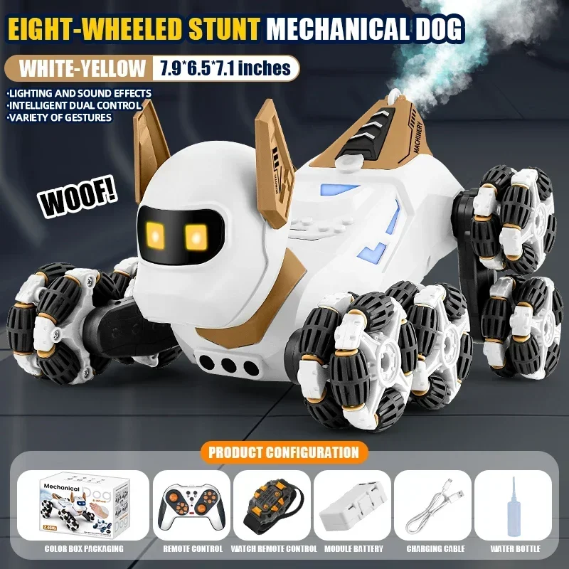 Perro Acrobático Teledirigido (amarillo), Robot Mecánico De Ocho Ruedas Con Control Remoto Inalámbrico De 2,4 Ghz, Con Luces Y Música.