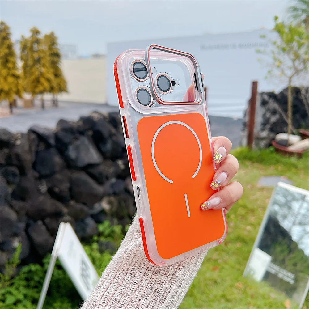(iphone 12, Naranja) Funda Magnética Transparente Magsafe Para Iphone Con Cubierta Protectora De Lente.