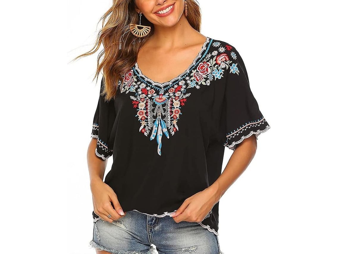 2026-blusa Étnica Para Mujer Con Bordado De Plumas Y Flores Estilo Boho Manga Corta