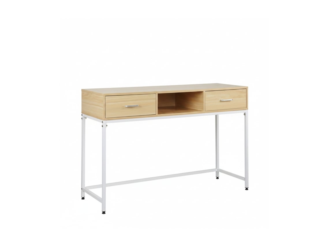 Mesa Consola Relaxdays 80x120x40 Cm Com 2 Gavetas, Corredor Sala, Estilo Escandinavo, Metal/mdf, Branco/natural