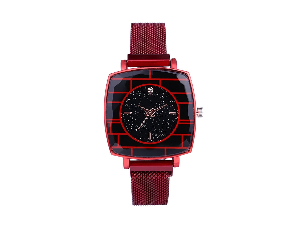 Reloj De Pulsera De Cuarzo Para Mujer Con Esfera Cuadrada Y Elegante Correa De Malla Roja De Estilo Casual.