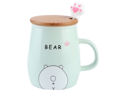 KOFIHETY Taza de Cerámica 420ml con Tapa de Madera y Cuchara - Taza para Agua, Té, Café o Leche - Regalo Original