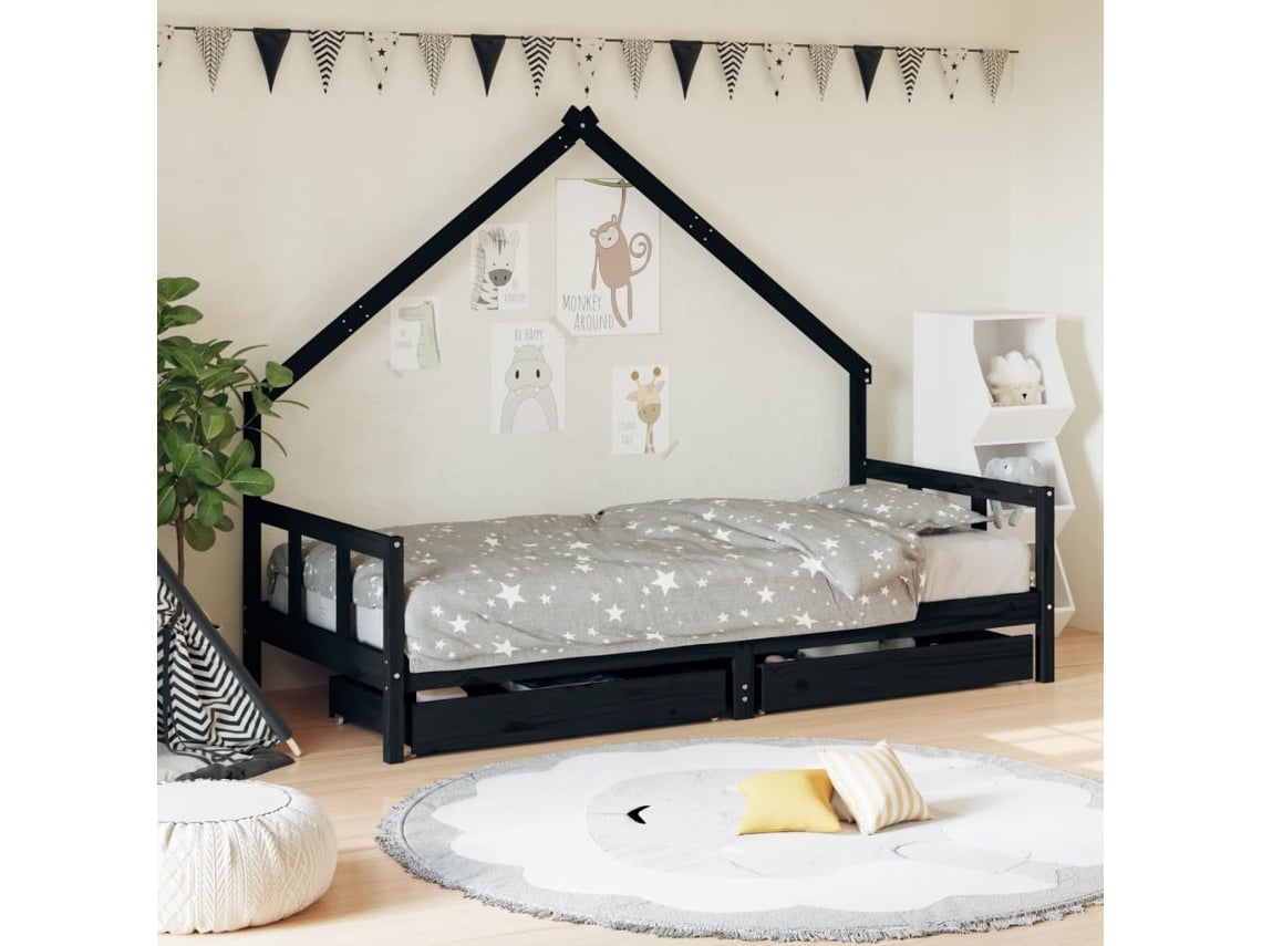 MAISON EXCLUSIVE - Estructura cama infantil y cajones madera pino negro  90x190 cm