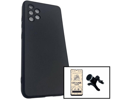Kit Cristal Templado CeramicGlass Full Cover, Funda Silicona y Soporte Magnético de Coche Reforzado Samsung Galaxy A32 4G PHONECARE Negro