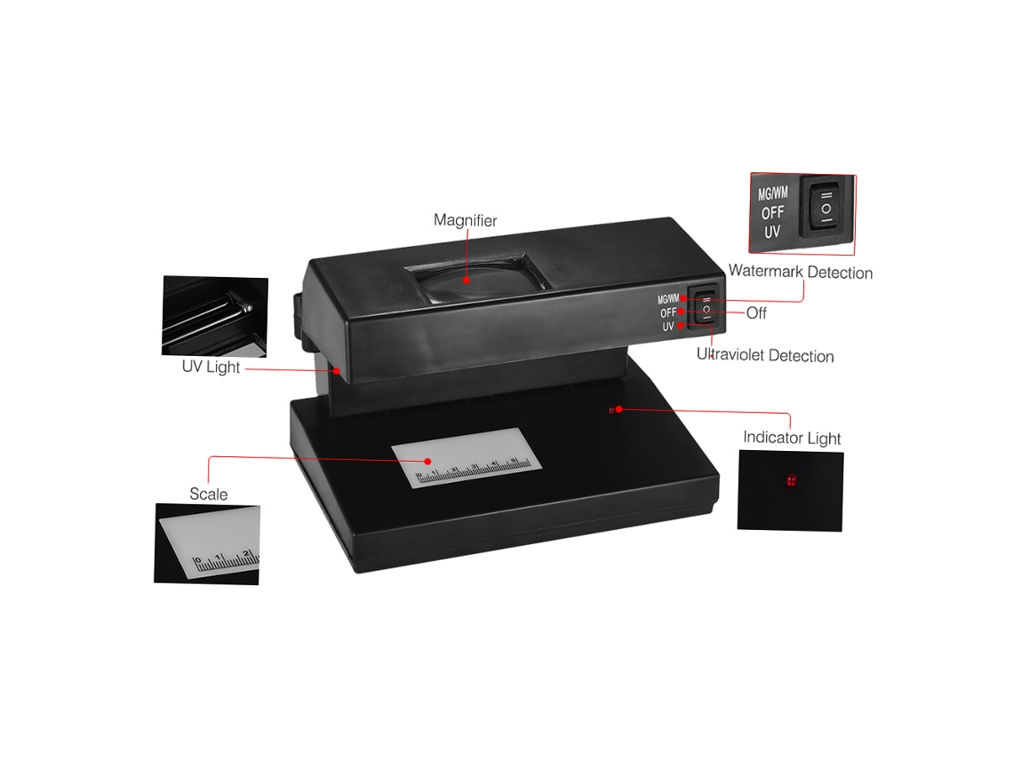 Detector Portátil De Billetes Falsos Con Luz Uv/marca De Agua Y Lupa Para Usd/eur/gbp (enchufe Europeo)