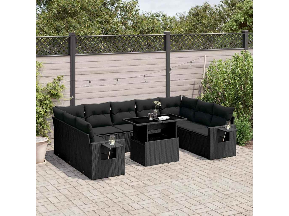 Conjunto de sofá de jardín de 10 piezas con cojines en mimbre sintético negro de DKD Home Decor