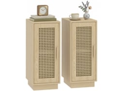 Juego de 2 mesitas de noche con puertas de resina trenzada, estilo bohemio, madera natural.