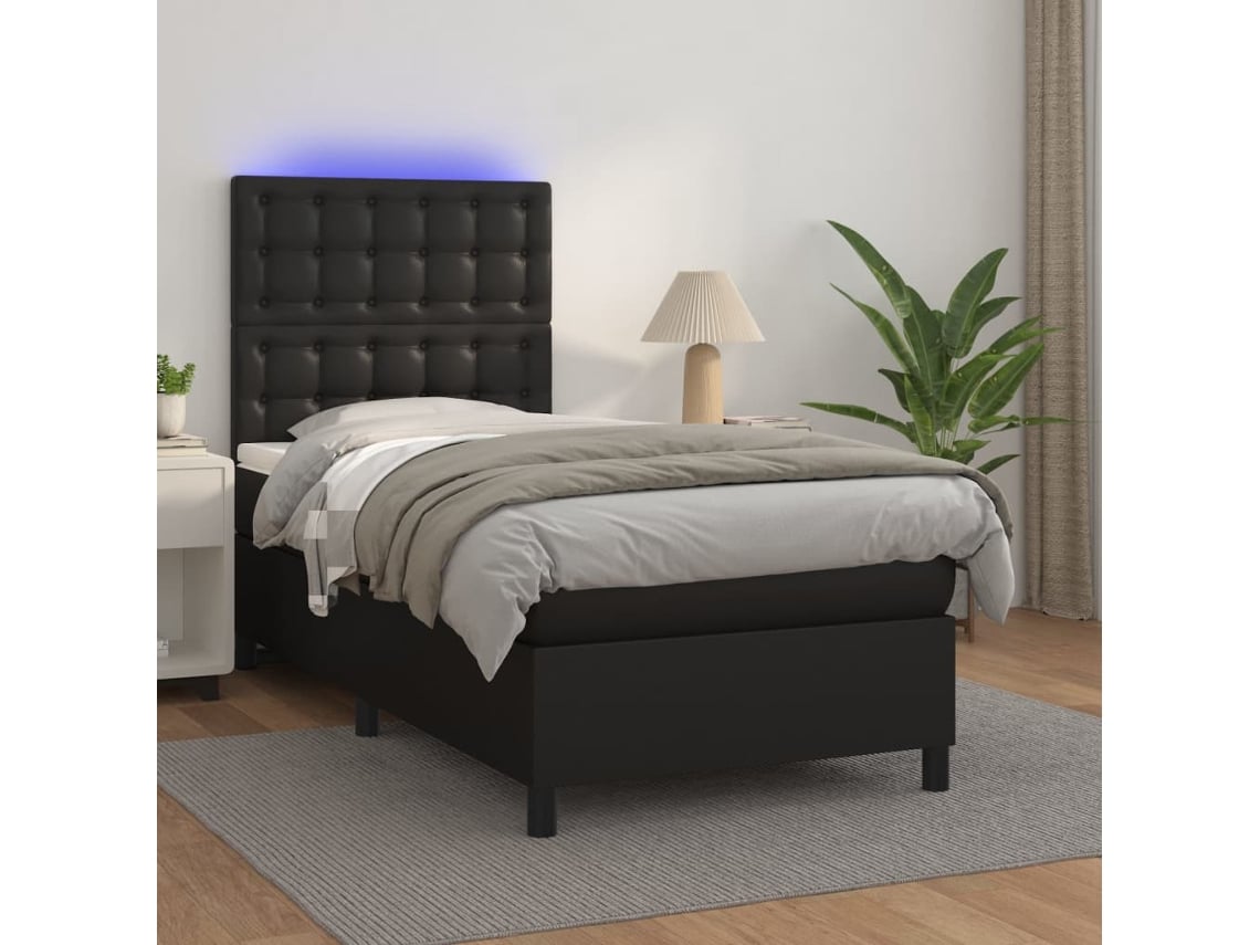 Cama Box Spring Y Colchón Led Cuero Sintético Negro 90x200 Cm