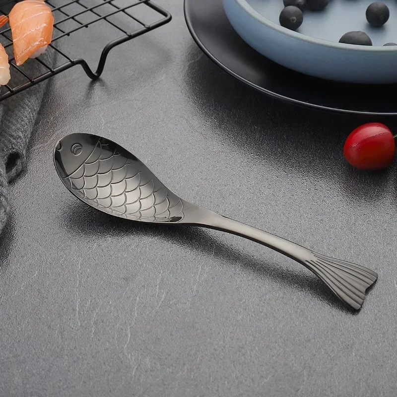 (negro, 17 Cm, 3 Piezas) Cucharas De Acero Inoxidable Con Forma De Pez, Aptas Para Uso Alimentario, Ideales Para Postres Helados.