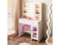 Tocador con tablero de cristal templado, toma de corriente integrada y soporte para secador de pelo: una mesa de maquillaje moderna y práctica.