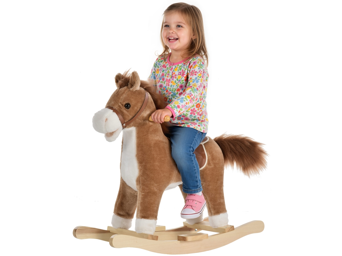 Caballito mecedor de peluche para niños, cómodo, de madera, marrón.
