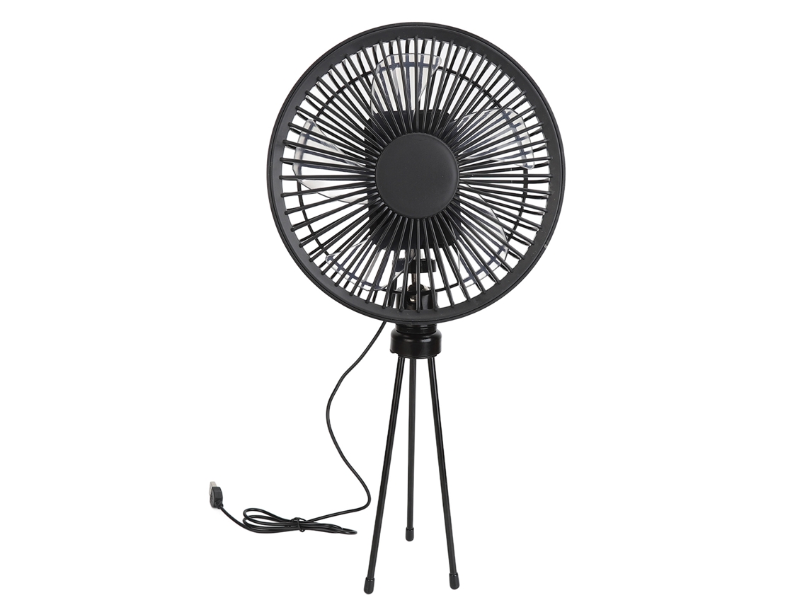Ventilador portátil para camping con soporte USB, trípode ajustable y 2 velocidades.