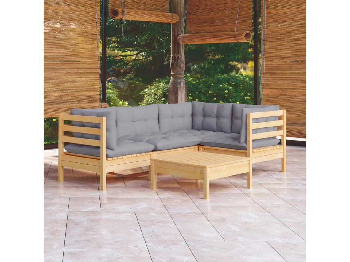 Conjunto de muebles de jardín con cojines de pino gris, Dkd Home Decor