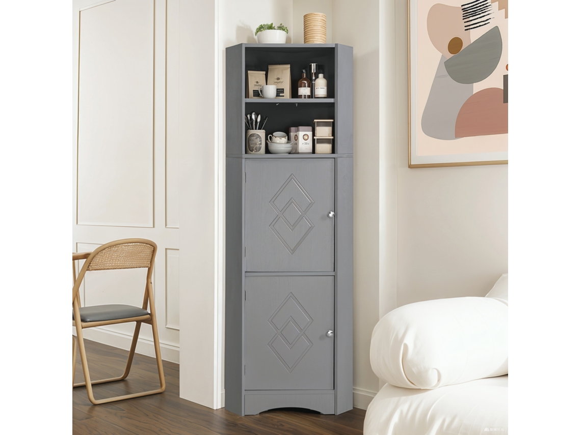 Columna de baño de esquina con 2 compartimentos abiertos y 2 puertas, estantes ajustables, gris Mobrio