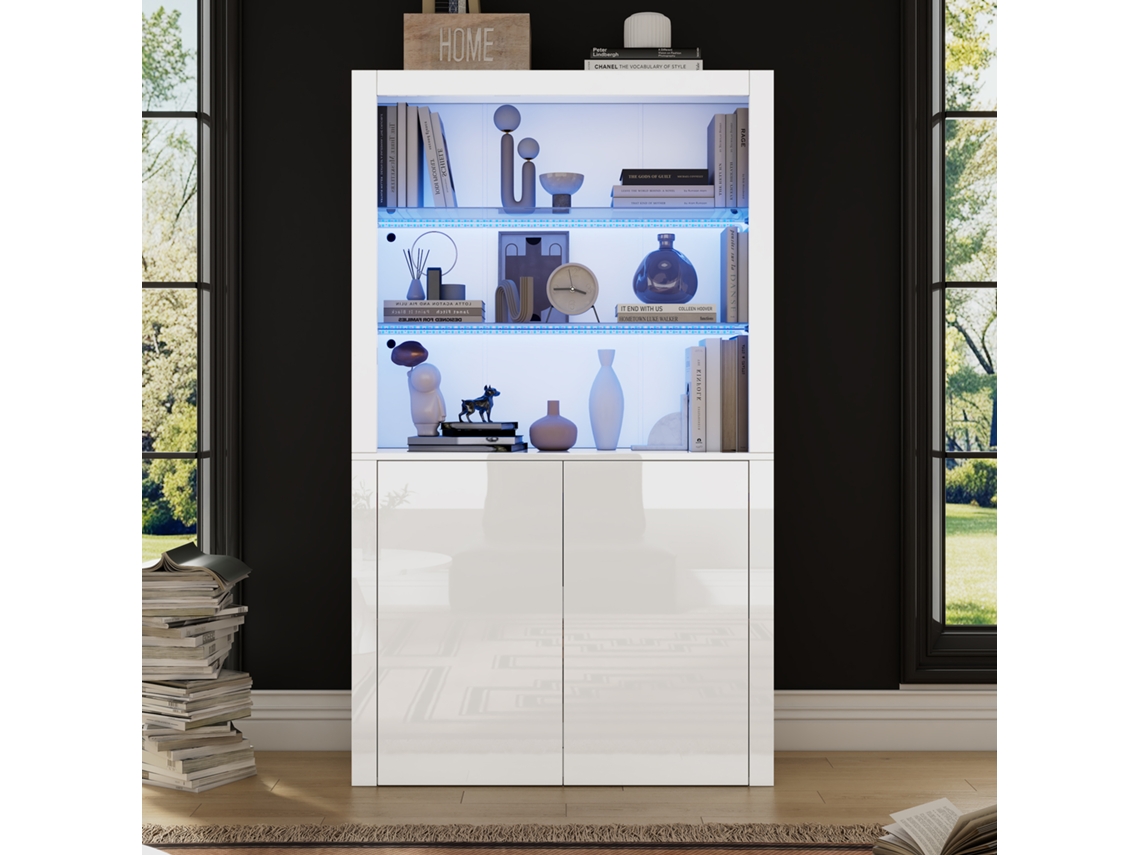 Mesita auxiliar para sofá de 100x35x170 cm - Armario de almacenamiento de alto brillo con luces LED, vitrina de cristal templado - Blanco