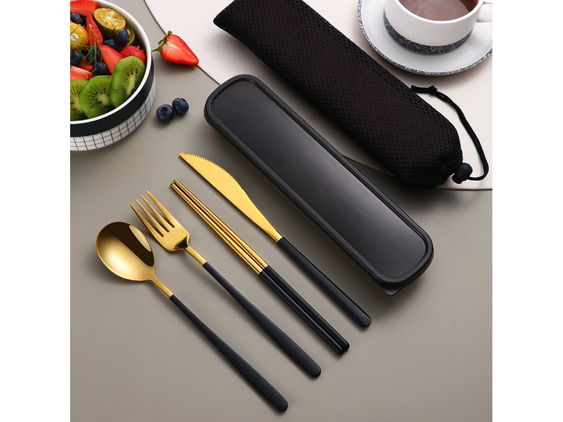 (oro Negro) Juego De Cubiertos Portátil De Acero Inoxidable 304, Que Incluye Cuchillo, Tenedor, Cuchara Y Caja De Almacenamiento.