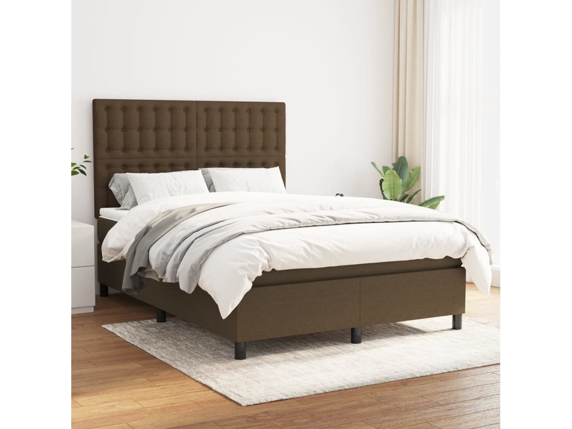 Cama Box Spring Con Colchón Tela Marrón Oscuro 140x200 Cm