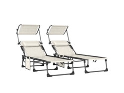 Juego De 2 Tumbonas Plegables Con Reposacabezas, Protección Solar, Bolsillo Lateral, 5 Posiciones, Color Crema.