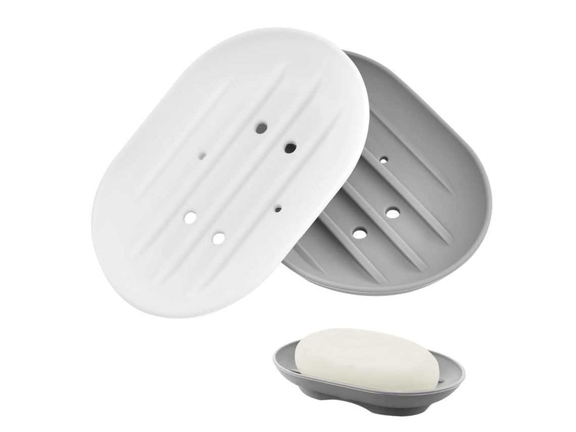 Jabonera de silicona, 2 piezas, antideslizante, con orificios de drenaje, para baño y cocina, gris y blanco.