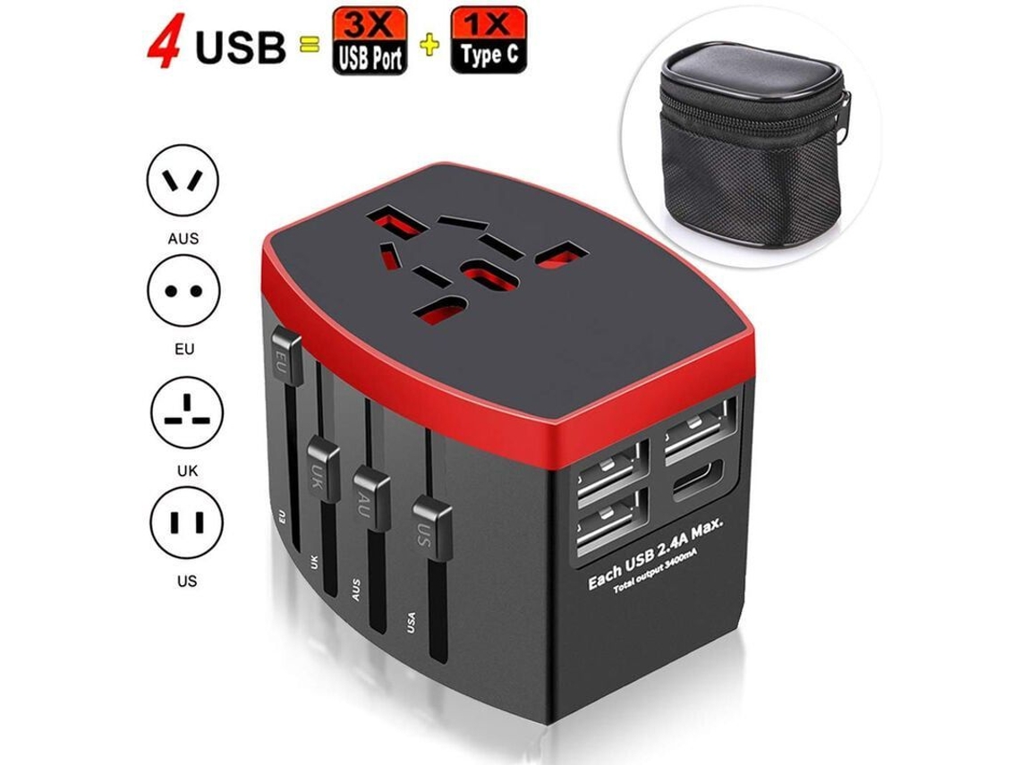 Adaptador De Viaje Universal Con 4 Puertos Usb, Enchufe Internacional Para 224 Países/regiones, Color Negro.