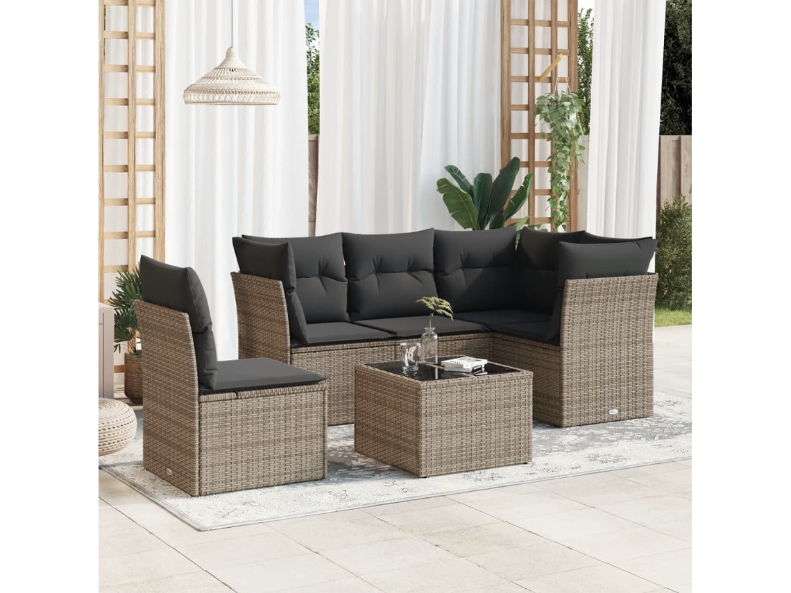 Conjunto de sofá de jardín de 6 piezas con cojines de mimbre gris, Dkd Home Decor