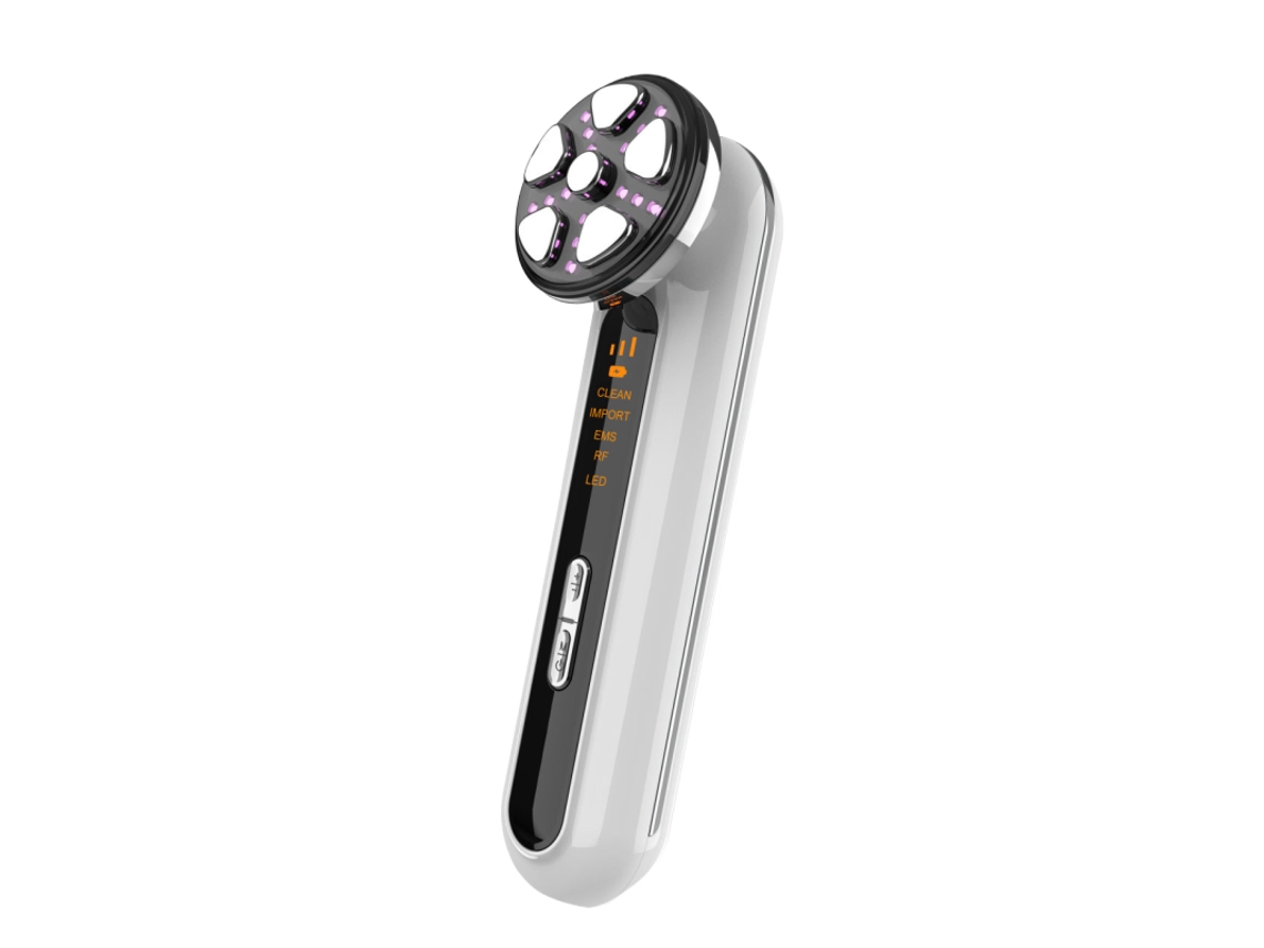 (Blanco) Dispositivo de belleza facial reafirmante con radiofrecuencia EMS, masaje vibratorio y funciones de lifting.