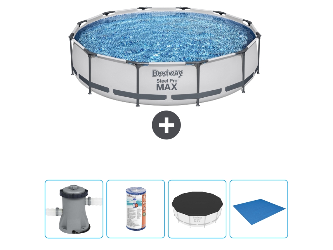 Piscina BESTWAY Round Steel Pro MAX - 366 x 76 cm - Gris - Bomba incluida Filtrar - Cubrir - Suelo