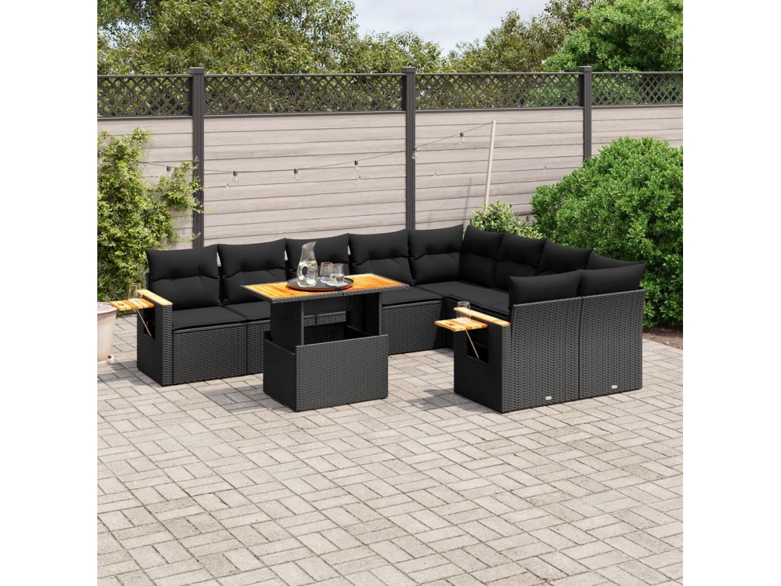 Conjunto de sofá de jardín de 10 piezas con cojines en mimbre sintético negro de DKD Home Decor