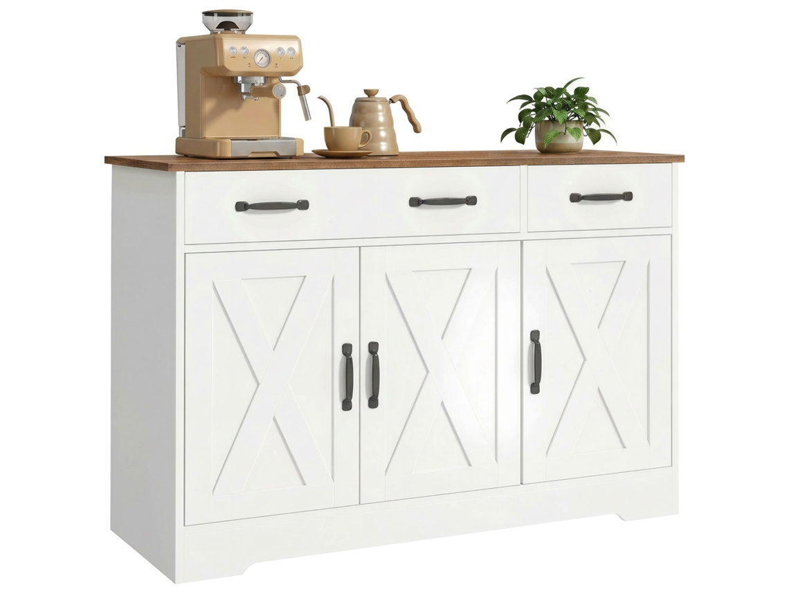 Aparador De Cocina, Mueble De Almacenamiento Con 3 Puertas Correderas, 2 Cajones Y Estantes Ajustables, 108 X 40 X 81 Cm, Blanco