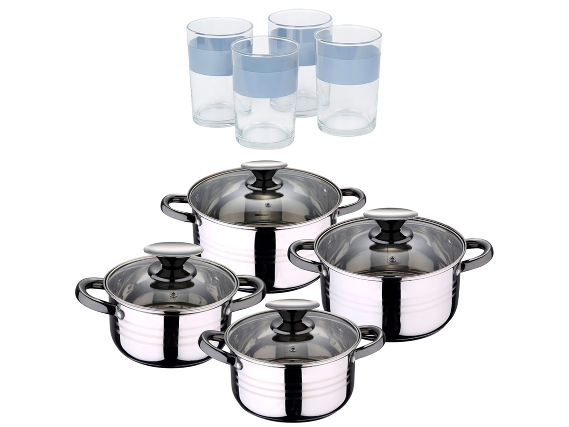 Batería De Cocina Ø16ø18ø20ø24 Cm De Acero Inoxidable Dina San Ignacio (8 Piezas) Con 4 Vasos