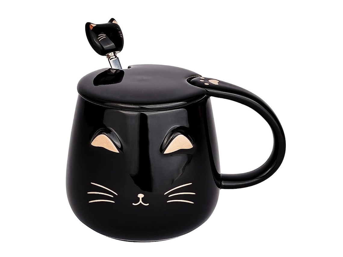 Taza de cerámica de 400 ml con tapa y cuchara de acero inoxidable para café o té
