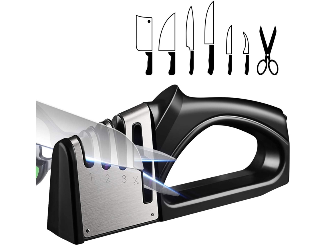 Afilador de cuchillos de cocina de 4 etapas, construcción de acero inoxidable que garantiza durabilidad y precisión para todas sus herramientas culinarias.