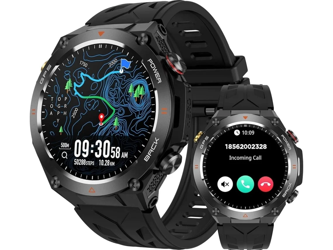 Reloj inteligente Yunzii negro resistente al agua y de grado militar para correr y monitorizar la actividad física.