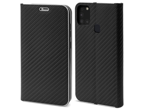 Funda tipo cartera MOOZY para Samsung A21S en carbono negro - Protección de borde metálico con cierre magnético y soporte para tarjetas.